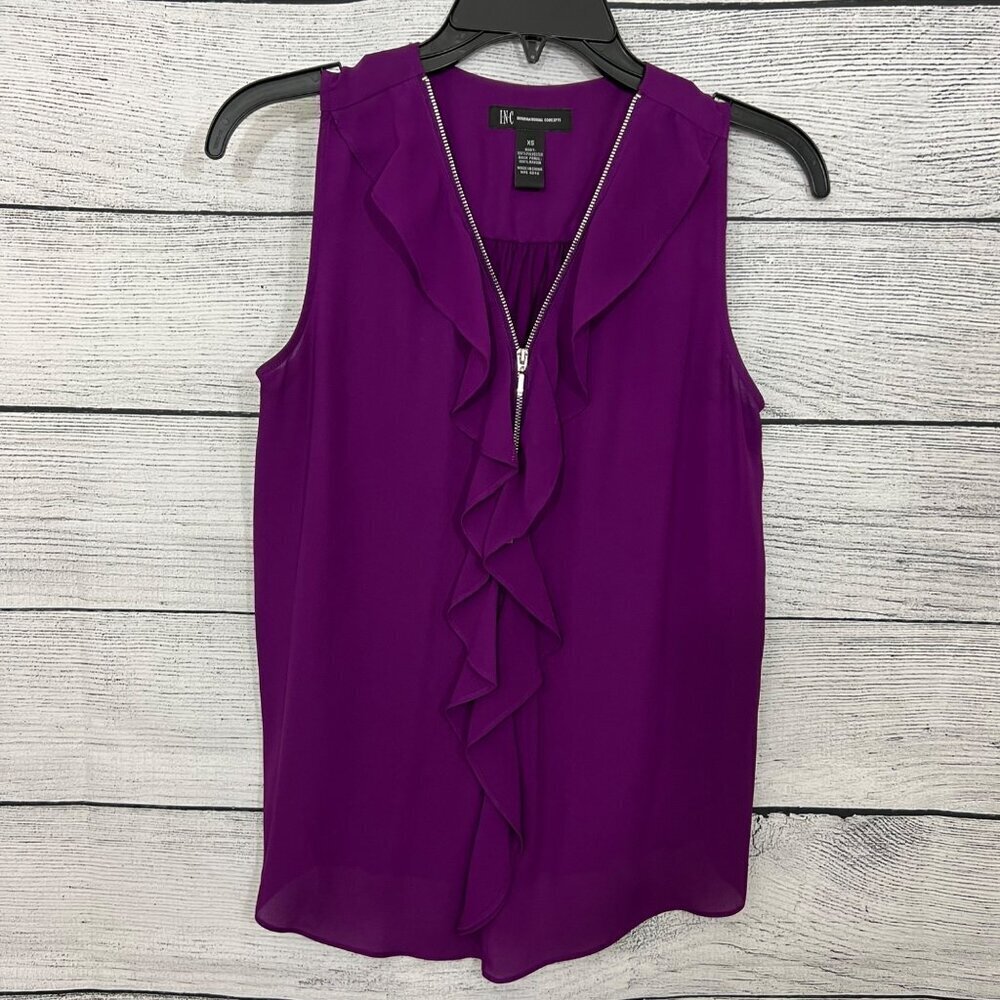 INC Sleeveless Ruffled Purple Blouse With Zipper & Shirred Back, Size XS